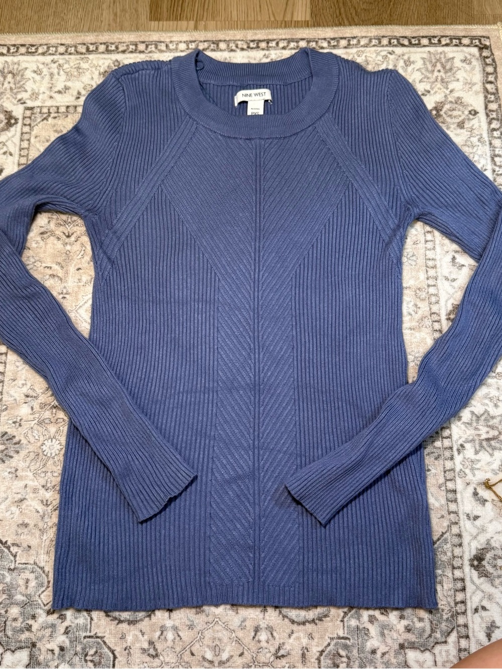 Nine West Dusty Blue Ribbed Scoop-Neck Sweater